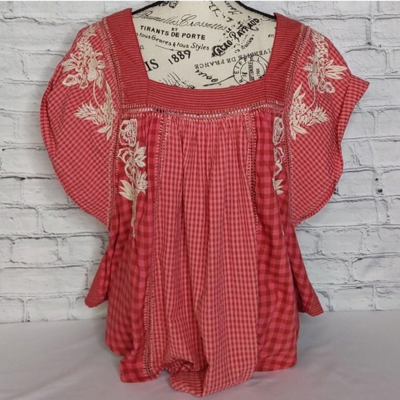 'FREE PEOPLE' 'BEĹĹA' EMBROIDED SQUARE-NECK PEASANT TOP FLUTTER-SLEEVE GINGHAM - Picture 10 of 16